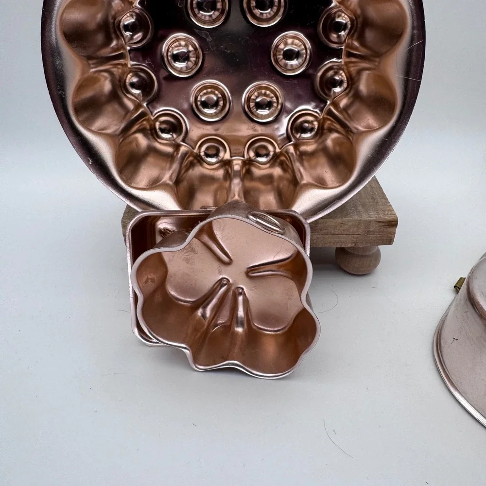 Vintage Copper Aluminum Jello Mold Set Heart Shamrock Bird Fluted 4pc Kitchen